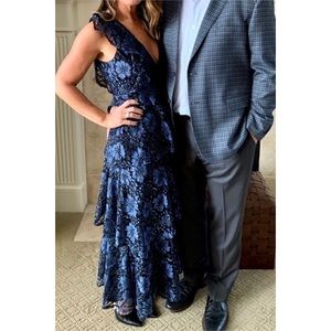 Navy Blue Lace Ruffled Tiered Sleeveless Maxi Dress